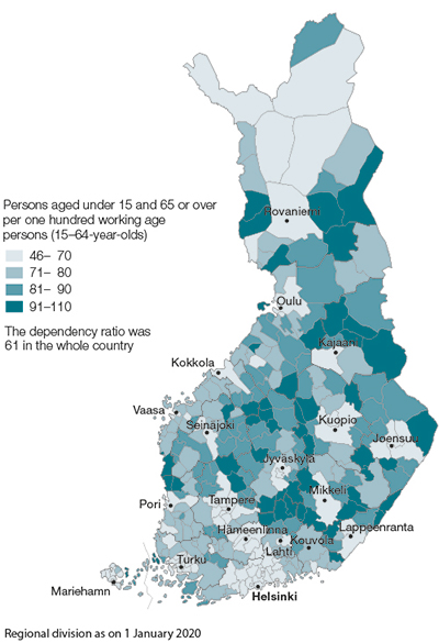 There are big differences between municipalities. The dependency ratio was highest in Kaskinen (110) and Kuhmoinen (109) and lowest in Helsinki (46), Tampere (48) and Vantaa (49) in 2019. 