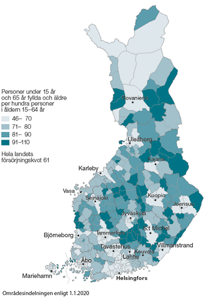Det fanns stora skillnader mellan kommunerna. Försörjningskvoten var högst i Kaskö (110) och Kuhmoinen (109) och lägst i Helsingfors (46), Tammerfors (48) och Vanda (49) år 2019. 