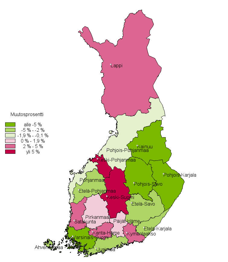 Liitekuvio 3. Rikosten mrn muutosprosentti maakunnittain 2013–2014 (kartta)
