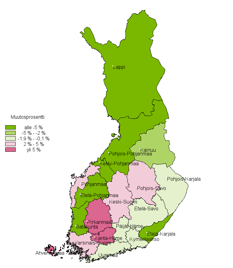 Liitekuvio 3. Rikosten mrn muutosprosentti maakunnittain 2014–2015 (kartta)