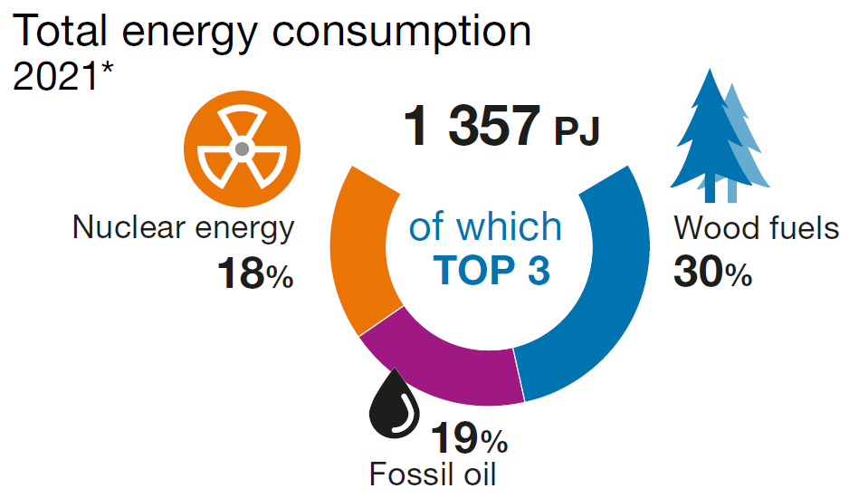 Total energy consumption 2021* Pie chart. Total energy consumption in Finland was 1,357 PJ in 2021*. The top 3 of the total energy consumption were wood fuels 30%, fossil oil 19% and nuclear energy 18%.