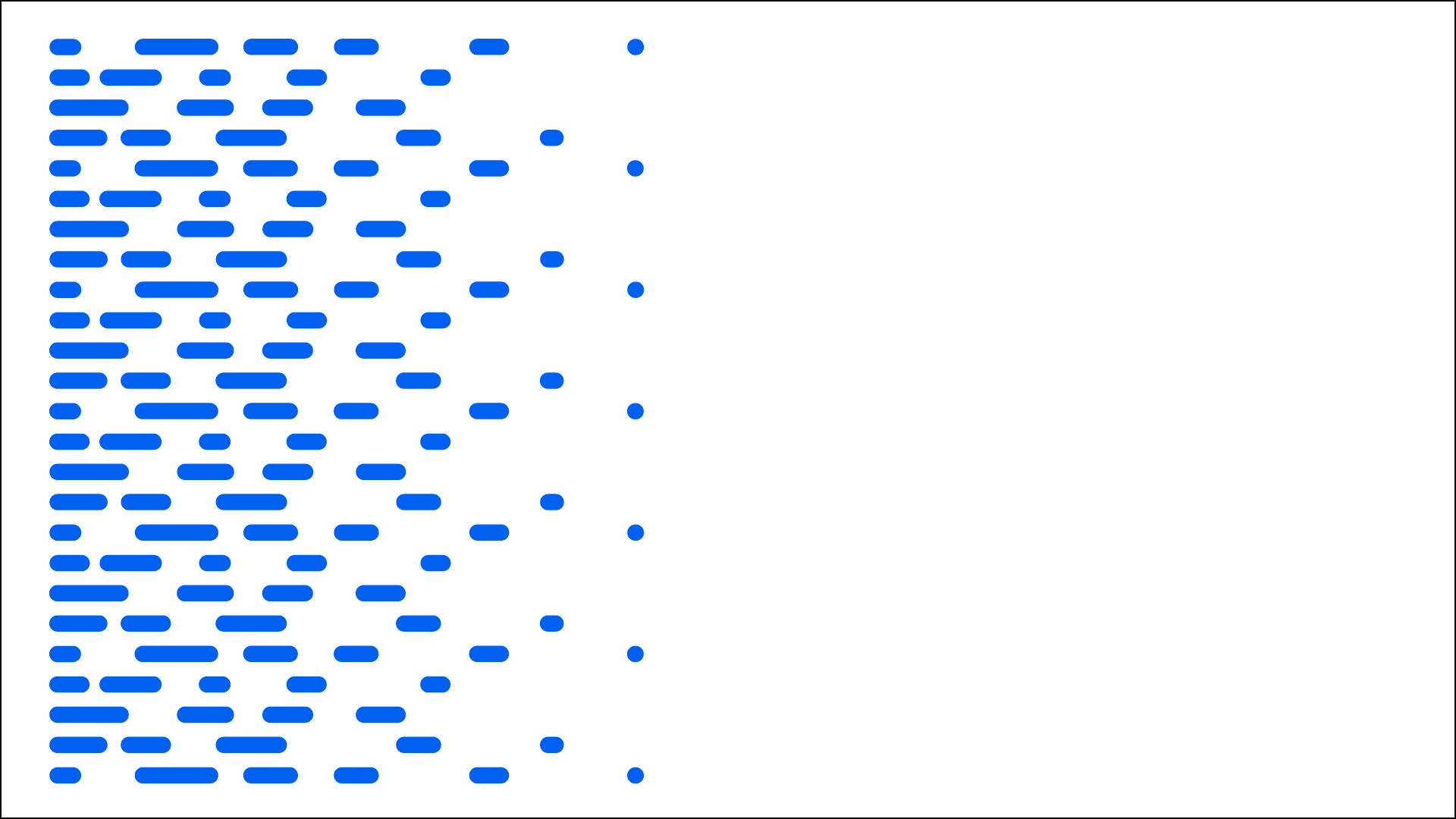 There are closely set horizontal bars of different sizes on one end of the dataflow pattern. When moving towards the other end, the bars become sparser and turn into dots before the other end. The bars in the image are electric blue.