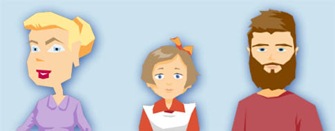 Kolme piirroshahmoa. Naisella on violetti kauluspaita, tytöllä rusetti päässä, punainen kauluspaita ja essu, miehellä punainen t-paita.