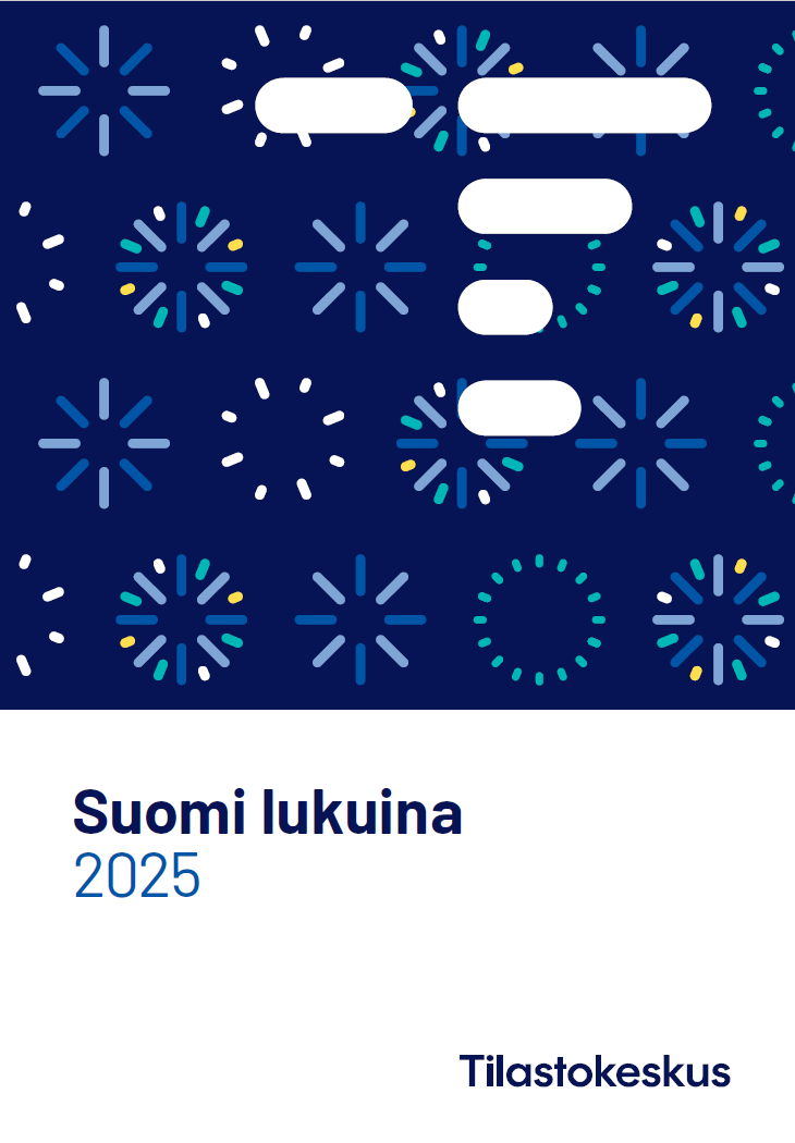 Suomi lukuina 2025 -julkaisun kansikuva. Koristeellisia ympyröitä tummansinisellä taustalla.