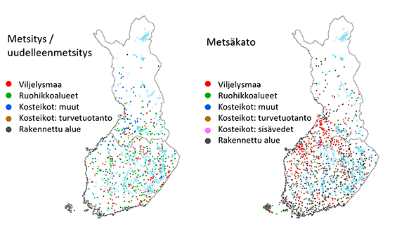 Kartta Metsityksen, uudelleenmetsityksen ja metsäkadon maantieteellisistä sijainneista 1990–2020. Kuvion keskeinen sisältö on kuvattu tekstissä.