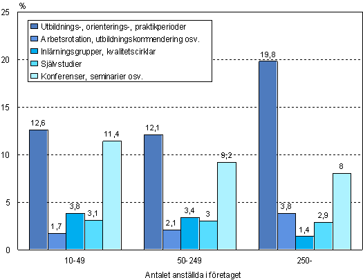 Figur 13. Andelen deltagare i andra utbildningsformer efter företagets storlek år 2005