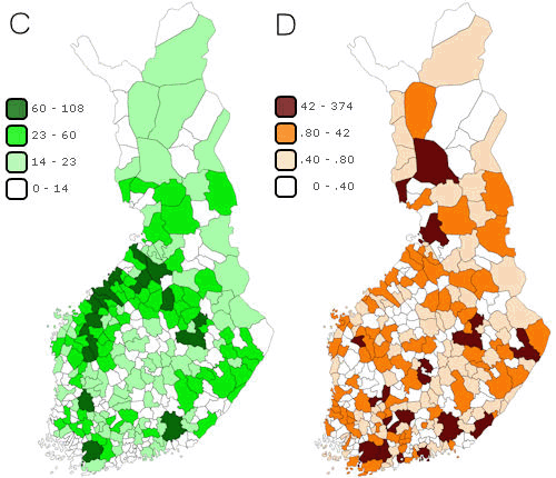 C) Greenhouse gas emissions from agriculture by municipality in 2011 (1,000 t CO2 eq.), D) Greenhouse gas emissions from the waste sector by municipality in 2011 (1,000 t CO2 eq.)