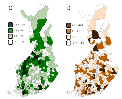 C) Greenhouse gas emissions from agriculture by municipality in 2012 (1,000 t CO2 eq.), D) Greenhouse gas emissions from the waste sector by municipality in 2012 (1,000 t CO2 eq.)