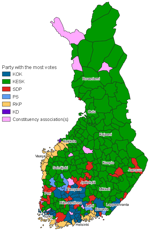 Appendix figure 1. Map: Party with highest number of votes by municipality in Municipal elections 2021, whole country