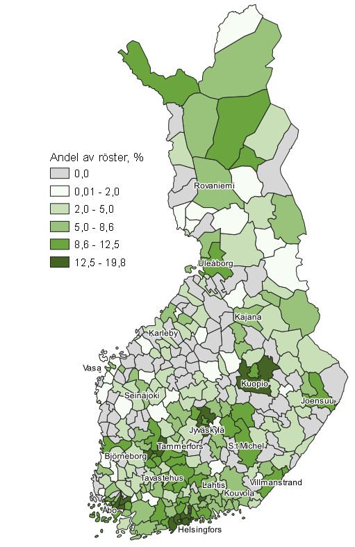 Figurbilaga 7. Karta: De Grönas väljarstöd kommunvis i kommunalvalet 2021, hela landet 