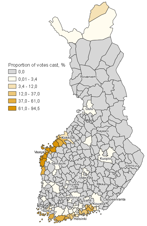 Appendix figure 9. Map: Support for the Swedish People's Party by municipality in Municipal elections 2021, whole country