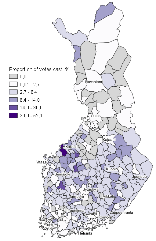 Appendix figure 10. Map: Support for the Christian Democrats by municipality in Municipal elections 2021, whole country