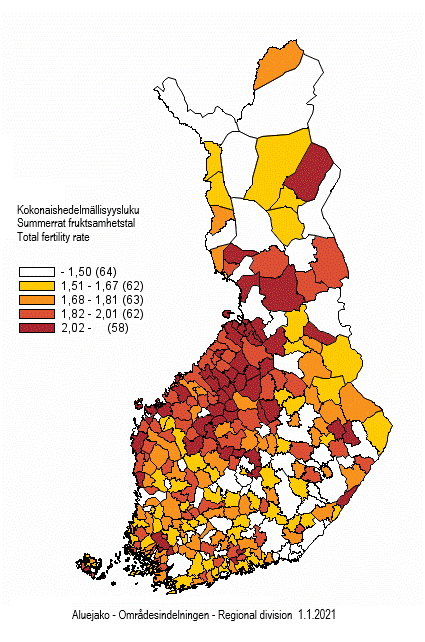 Appendix figure 2. Total fertility rate by municipality for the years 2016–2020